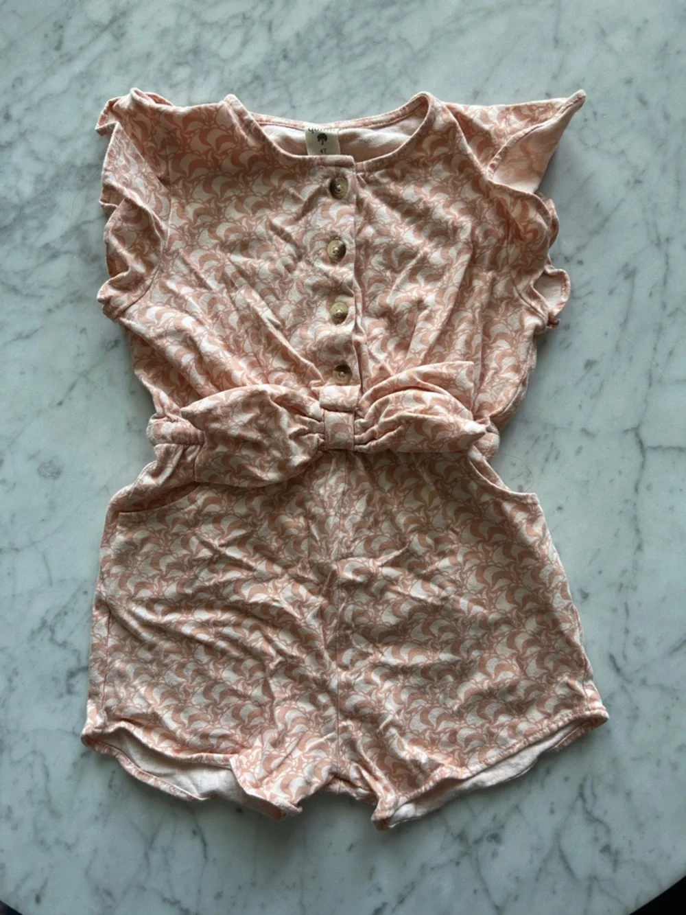 Kate Quinn Girls' Peach Print Ruffle Romper with Waist Tie size 4T
